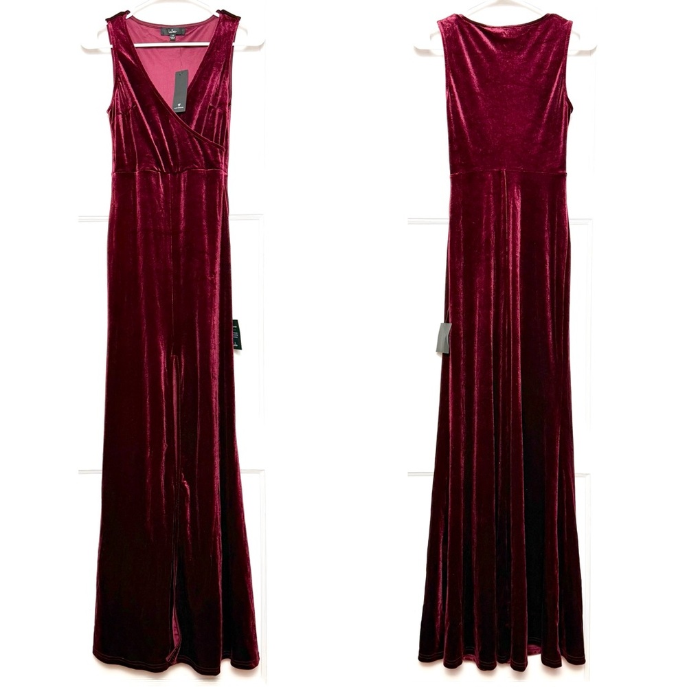 LULUS Wine Velvet Sleeveless V-Neck Mermaid Skirt Formal Wedding Guest Gown XS - Picture 3 of 5